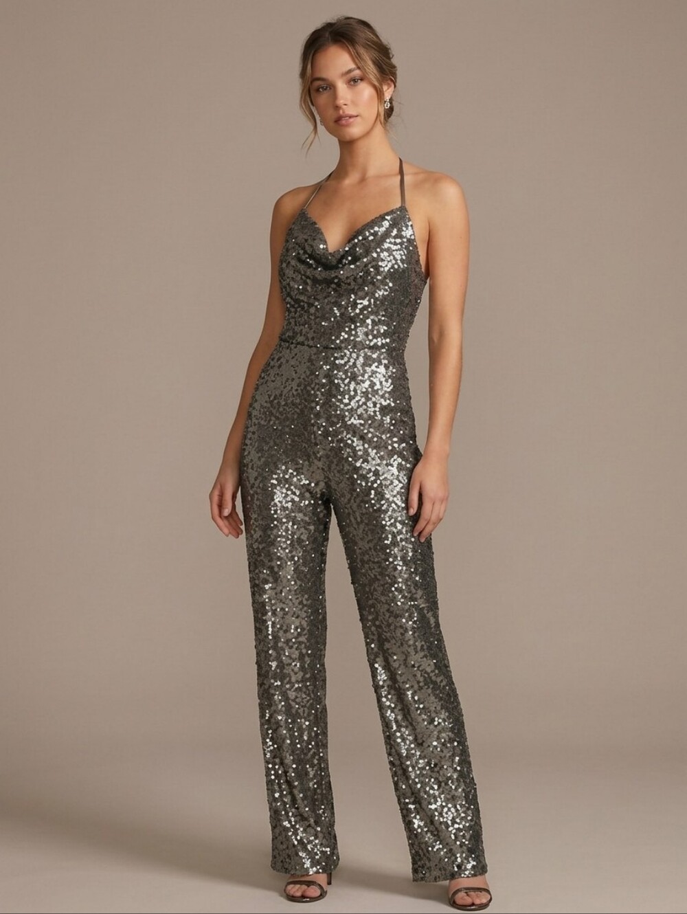 Women's Dark Silver Sequin Halter Jumpsuit Cowl Neck Backless Adixion Small